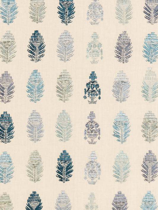 Kos Hand Embroidered Linen Fabric by Vaughan in Blue