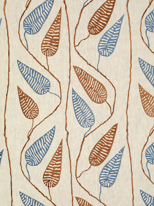 Paros Embroidered Linen Fabric by Vaughan in Blue and Brown