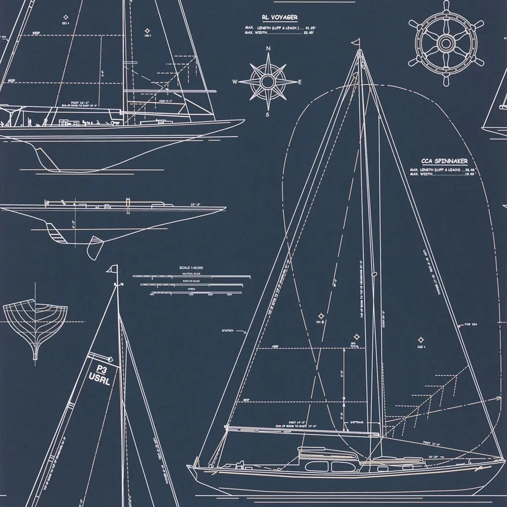 Boat Blueprint Wallpaper by Ralph Lauren in White on Dark Blue