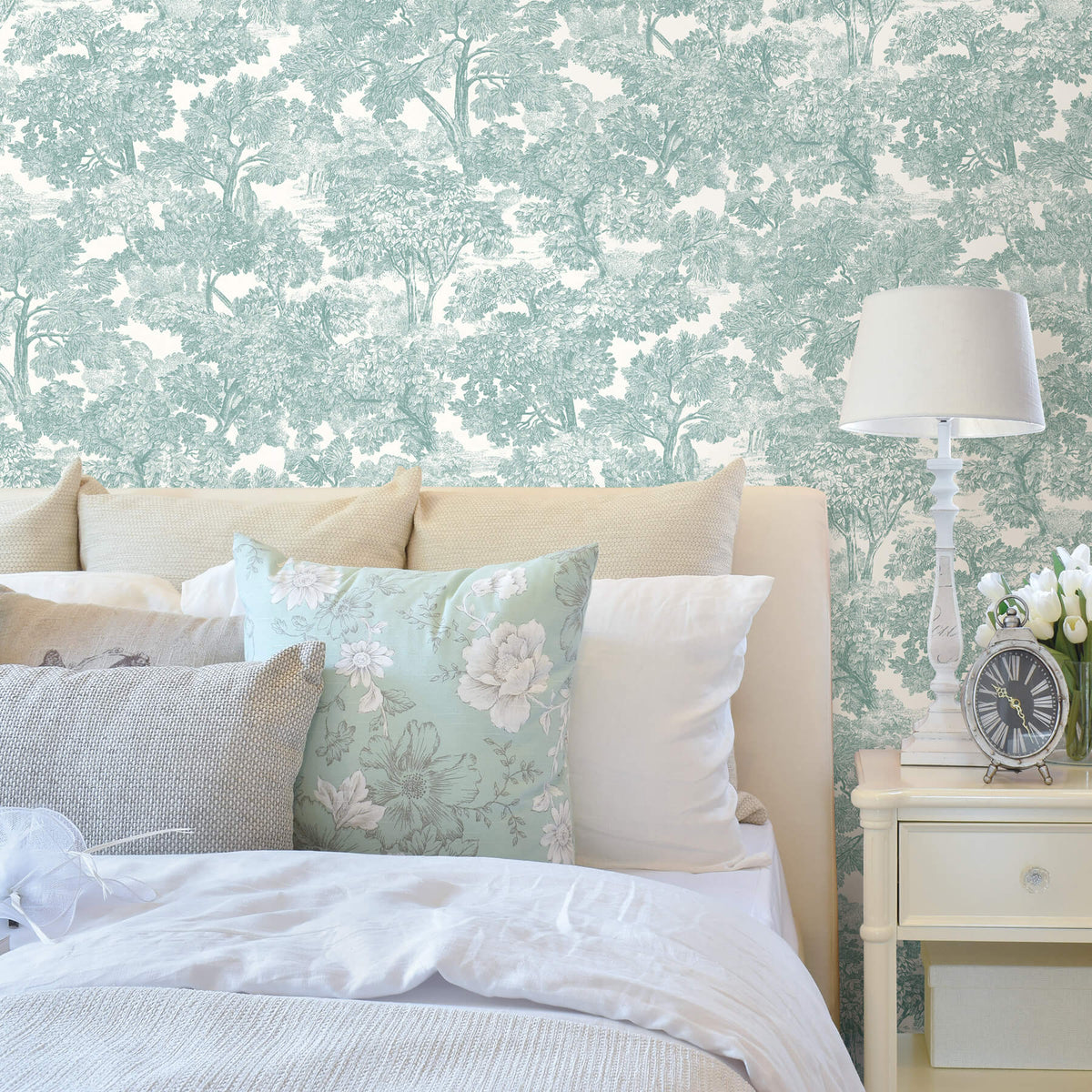 Chesapeake Farmhouse Spinney Toile Wallpaper, in grey, blue, pink