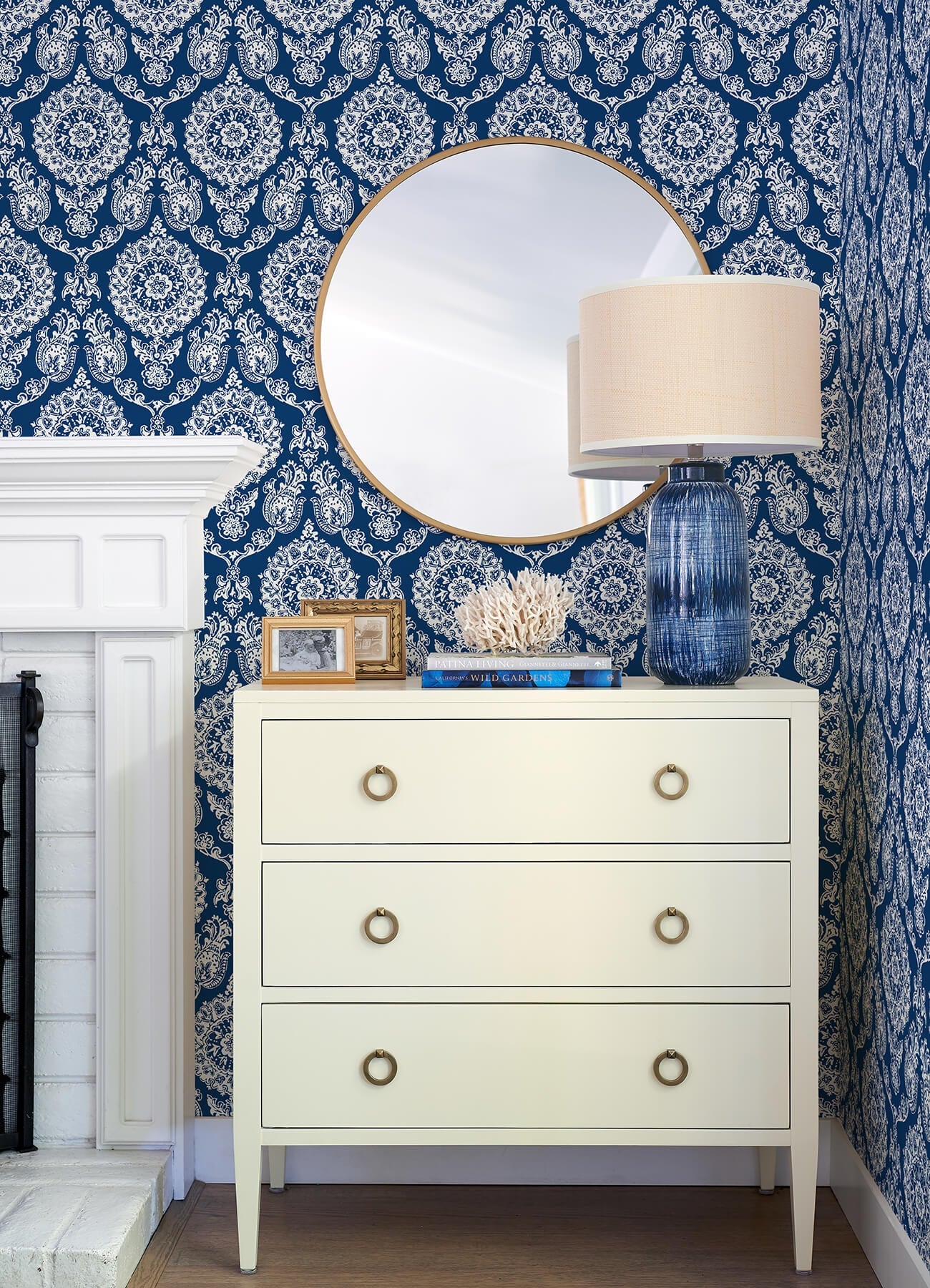 Blue Heron Helm Damask Floral Medallion Wallpaper
