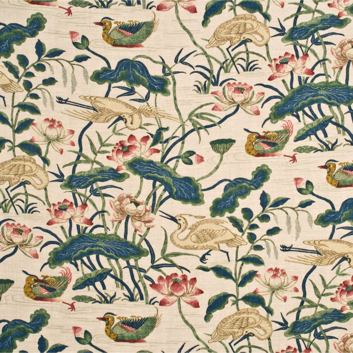 Heron & Lotus Flower Fabric by G P & J Baker in Indigo/Pink