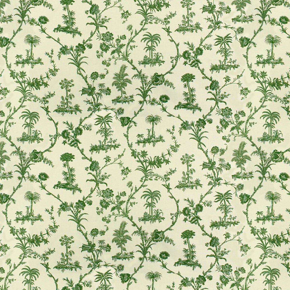 West Indies Toile Cotton Print Fabric by Brunschwig & Fils in Green On White