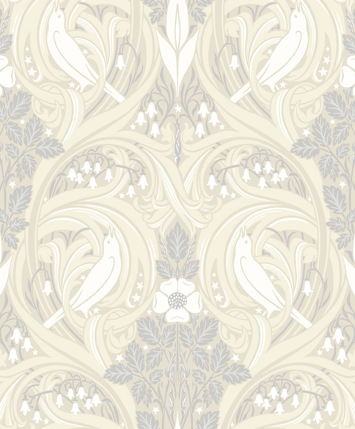 Seabrook Legacy Prints Bird Scroll Wallpaper - Swiss Coffee & Grey