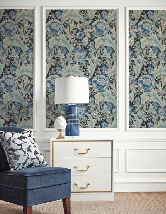 Seabrook Legacy Prints Acanthus Garden Wallpaper - Bluestone & Golden