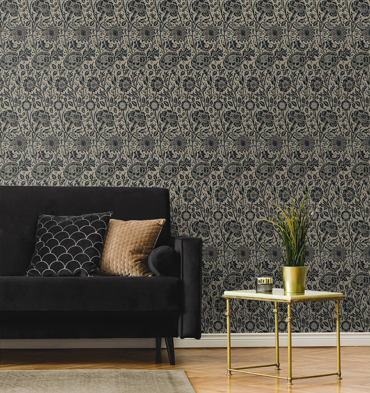 Seabrook Legacy Prints Tonal Floral Trail Wallpaper - Taupe & Ebony