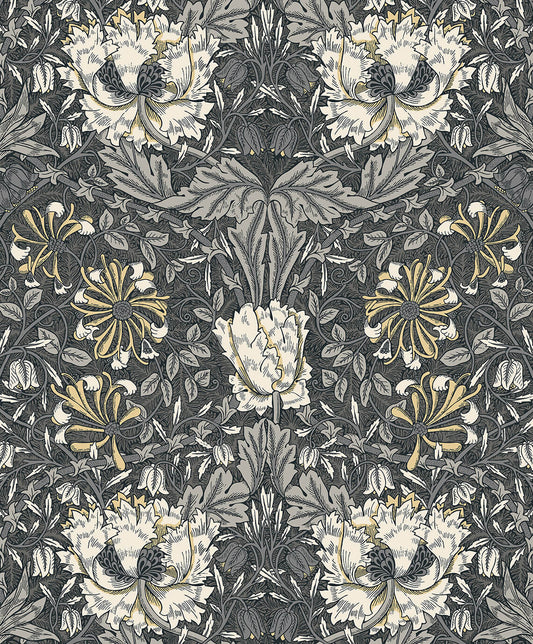 Seabrook Legacy Prints Ogee Flora Wallpaper - Charcoal & Goldenrod