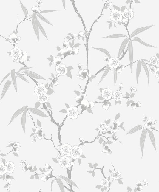 Seabrook White Heron Floral Blossom Trail Wallpaper - Soft Grey