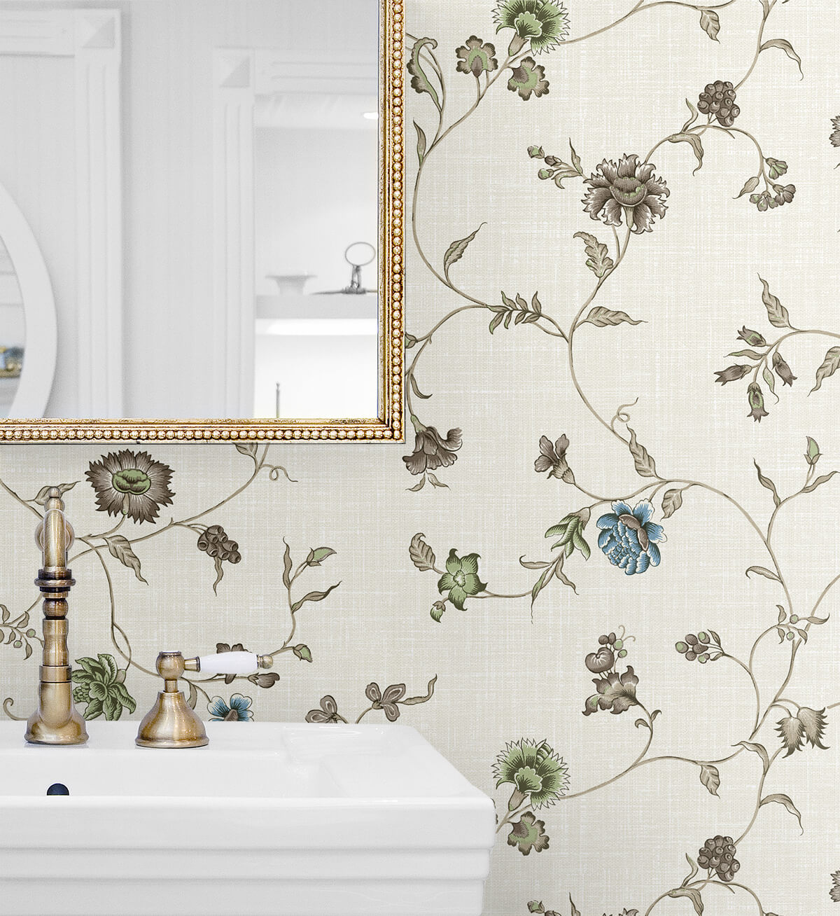 Seabrook French Country Florale Trail Wallpaper - Greige & Blue Bell