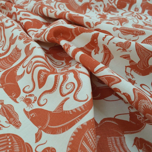 Birds & Beasts Fabric by Fanny Shorter in Terracotta