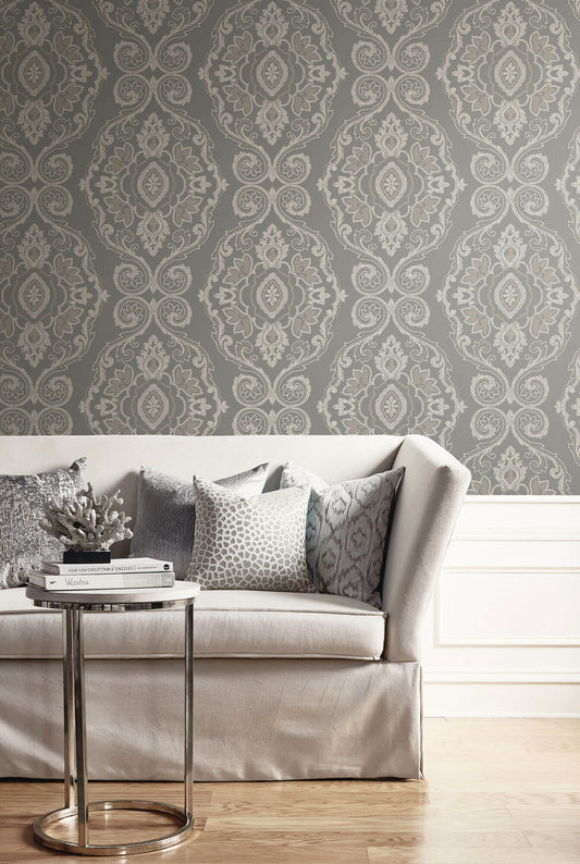 Seabrook Beach House Nautical Damask Wallpaper - Black Sands
