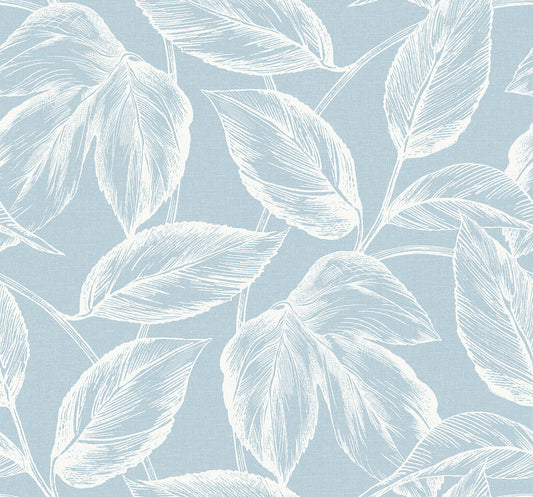 Seabrook Summer House Beckett Sketched Leaves Wallpaper - Baby Blue