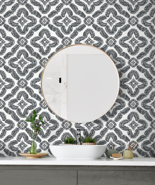 Seabrook Summer House Talia Botanical Medallion Wallpaper - Black & White