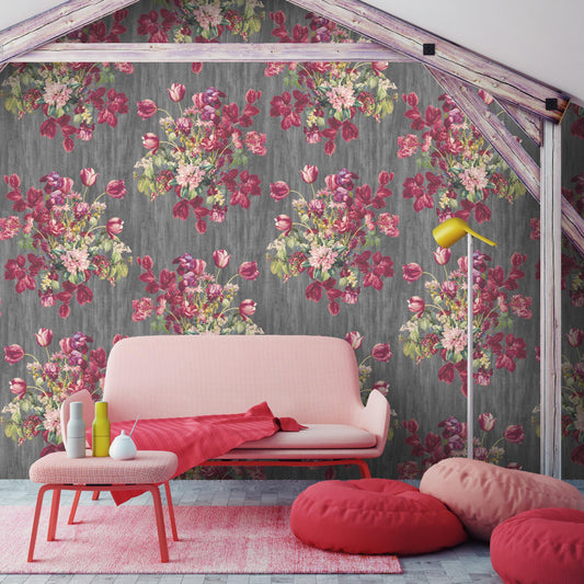 Eunoia' Watercolour Floral Wallpaper - Grey/Pink‚Äã