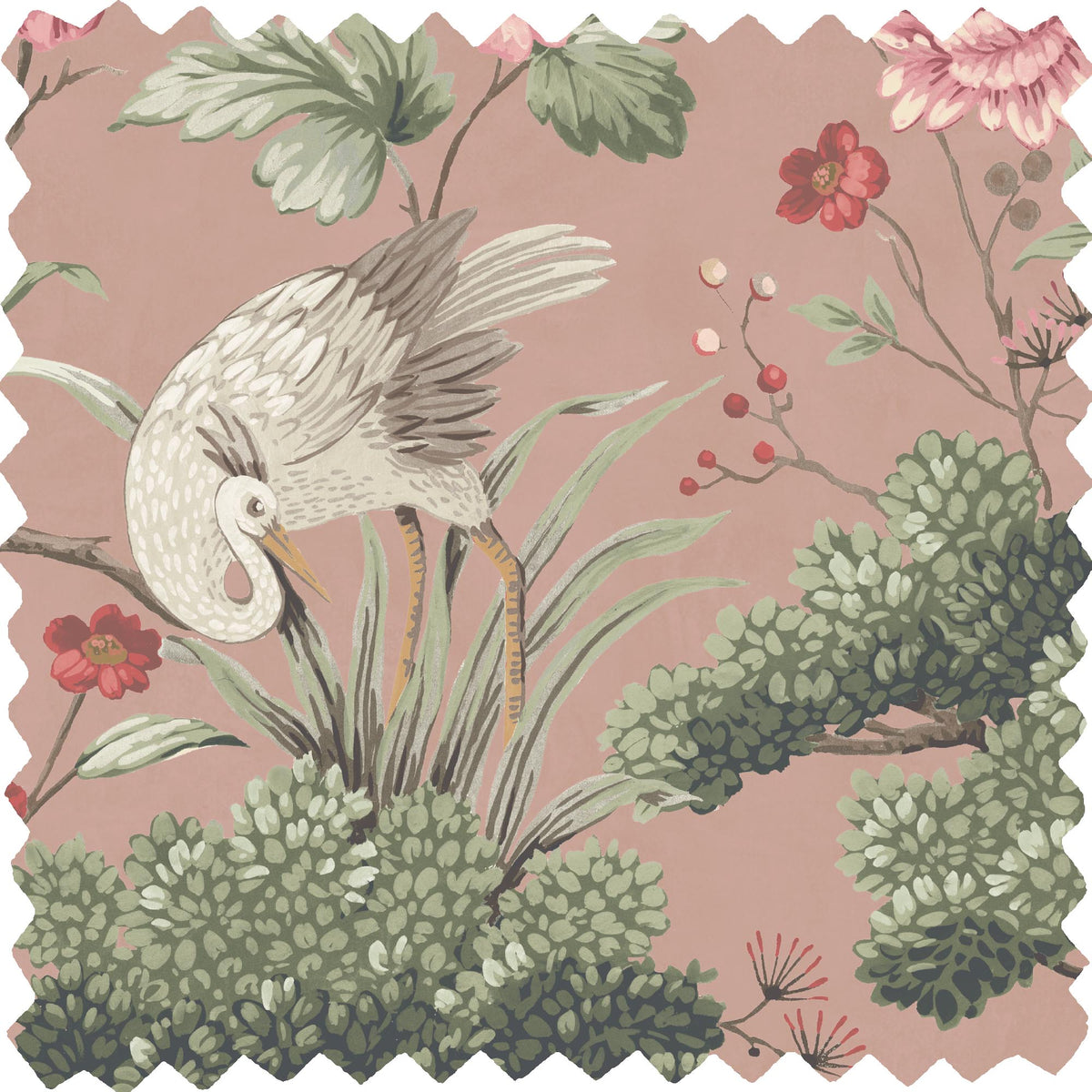 Crane Bird Vintage Pink Linen Fabric