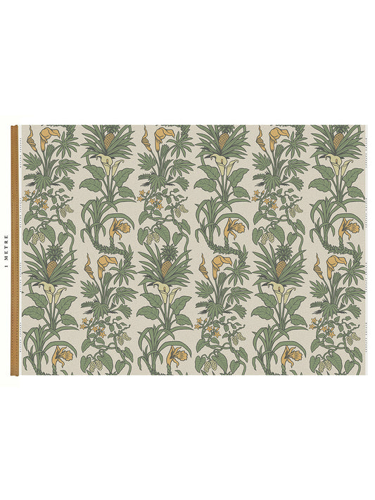 Botanize Heritage Linen Fabric by Divine Savages in Palm Green, pattern swatch