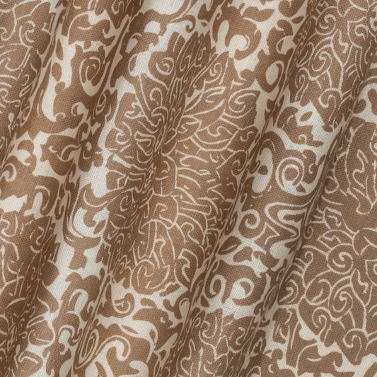 Chrysanthemum Archive Revival Printed Linen Fabric by Volga Linen in Caramel/Oyster, rippled to show the drape