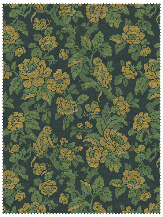 Drunken Monkey Velvet Fabric by Divine Savages in Jungle Green, pattern swatch