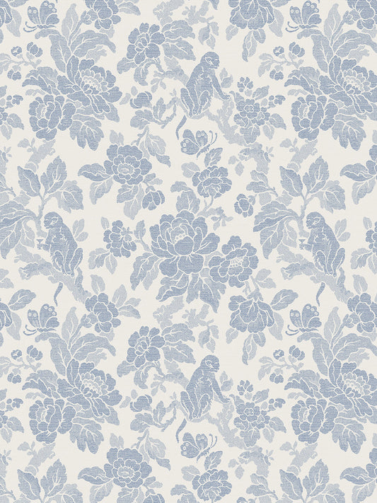 Drunken Monkey Wallpaper by Divine Savages in China Blue, pattern swatch