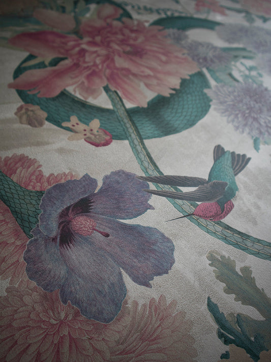 Forbidden Bloom Faux Suede Wallpaper by Divine Savages in Bone White, pattern swatch
