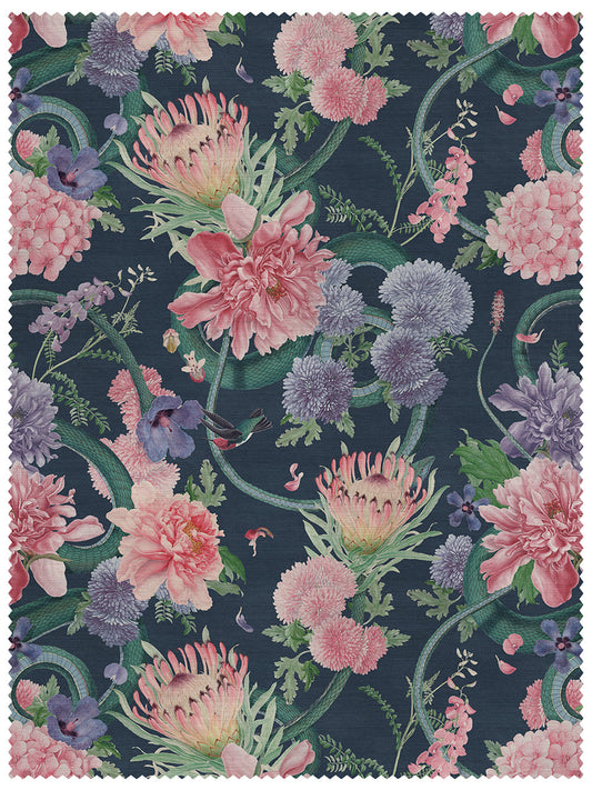 Forbidden Bloom Linen Fabric by Divine Savages in Deep Blue, pattern swatch