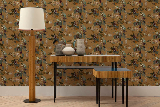 Fruits wallpaper by Coordonné in Gold, shown in a styled room