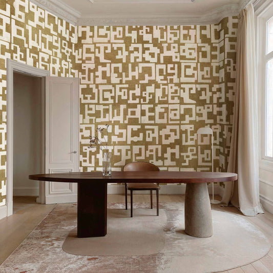 Gestural mural by Coordonné in Gold, shown in a styled room