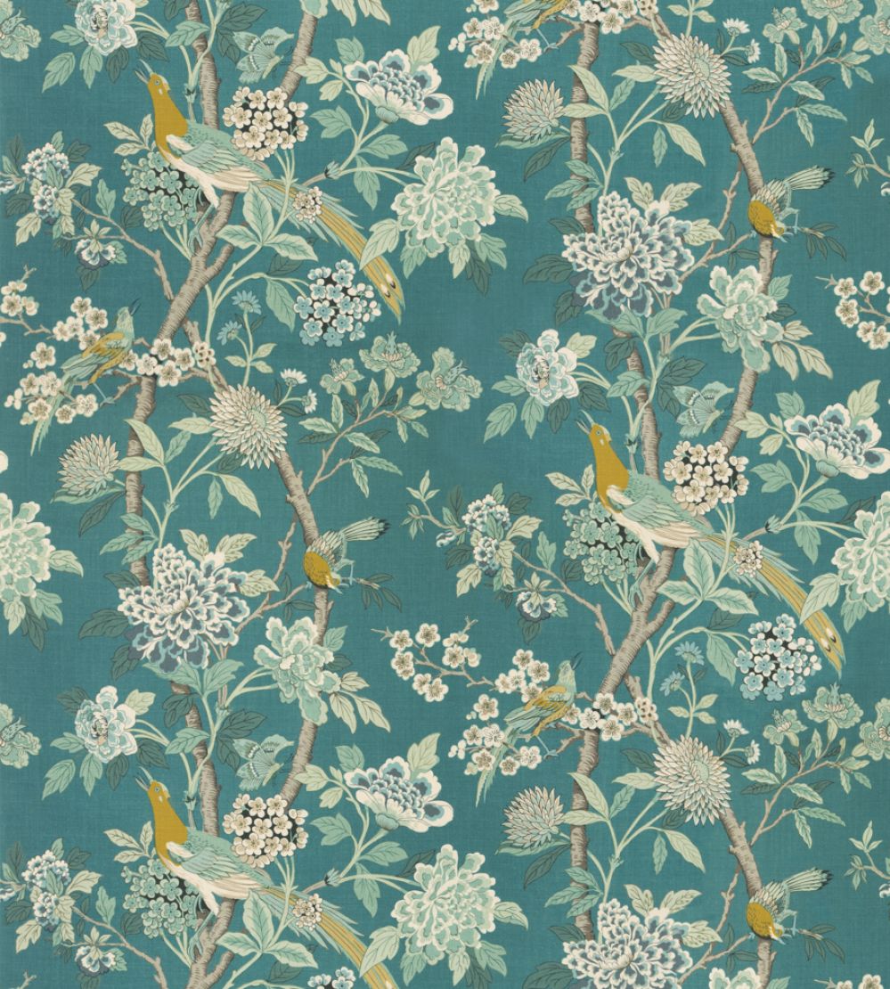 Hydrangea Bird Fabric by GP & J Baker Teal