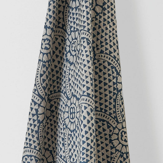 Ivan Printed Linen Fabric by Volga Linen in Prussian Blue/Natural, styled view 1