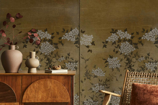 Jute mural by Coordonné in Flora, shown in a styled room