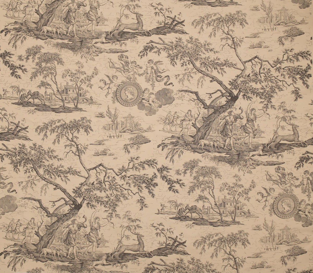 La Chasse Fabric by Marvic Textiles in Charcoal on Ecru