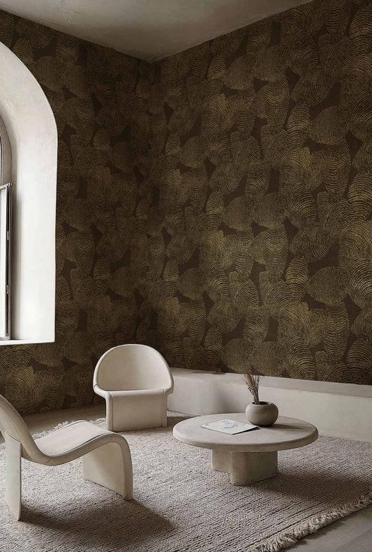 Lignite mural by Coordonné in Gold, shown in a styled room