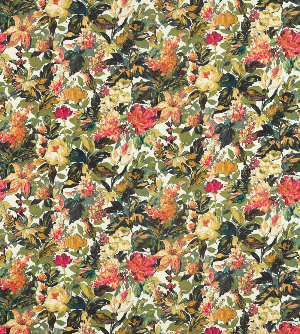 Lilum Fabric by Clarke & Clarke Olive/Raspberry
