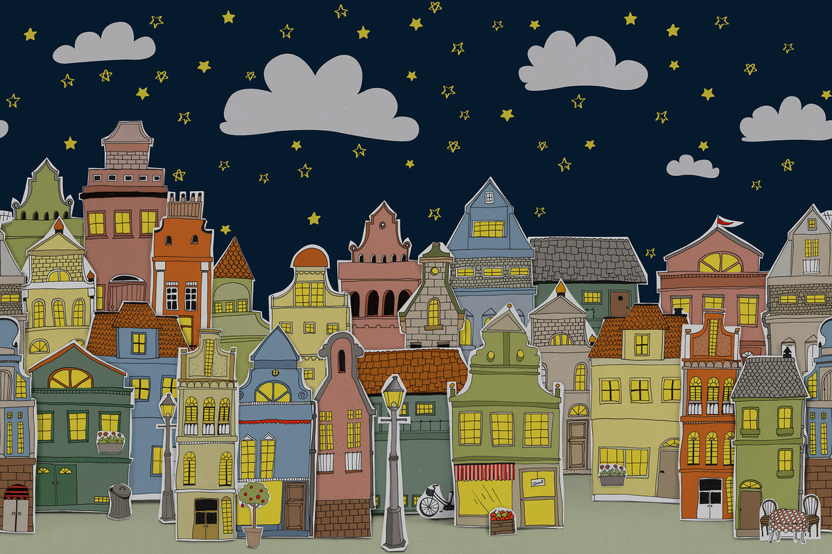 London Houses Night mural by Rebel Walls