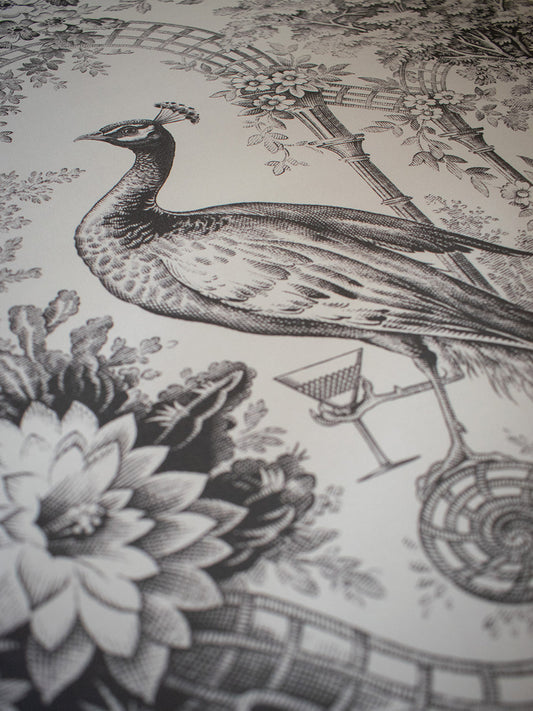 Marquis de Plume Wallpaper by Divine Savages in Etching Charcoal, pattern swatch