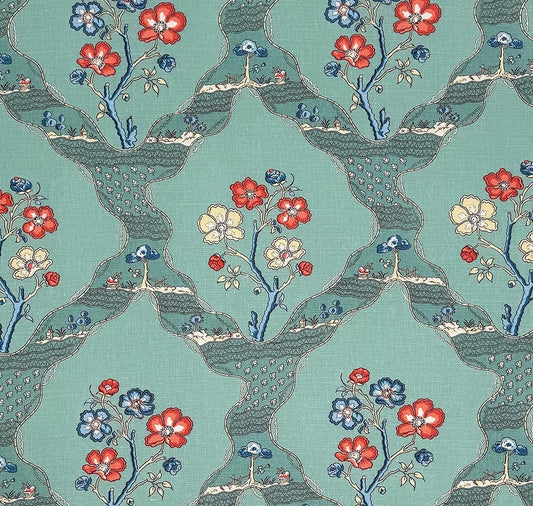 Myrtil Toile Turquoise fabric by Charles Burger