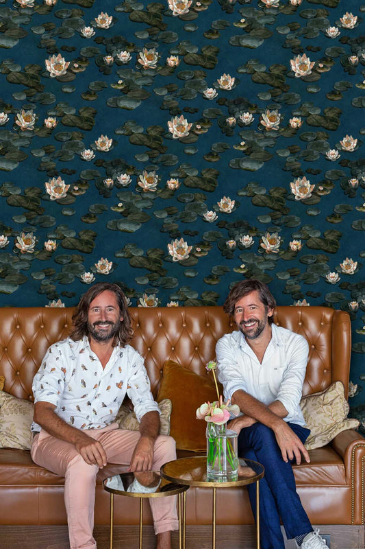 Nenúfares wallpaper by Coordonné in Lagoon, shown in a styled room