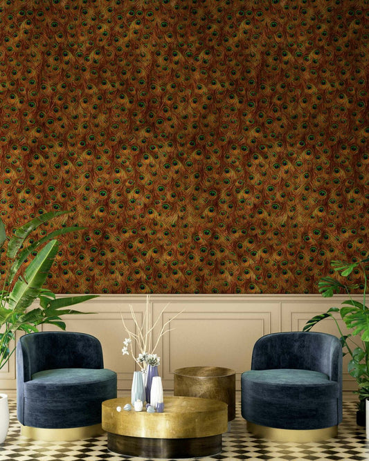 Peafowl mural by Coordonné in Gold, shown in a styled room