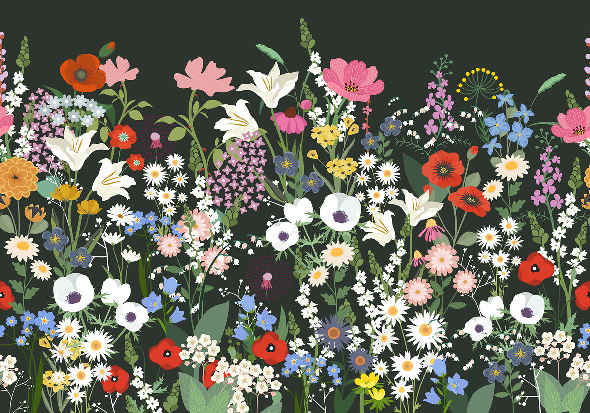 Playful Meadow Black mural by Rebel Walls