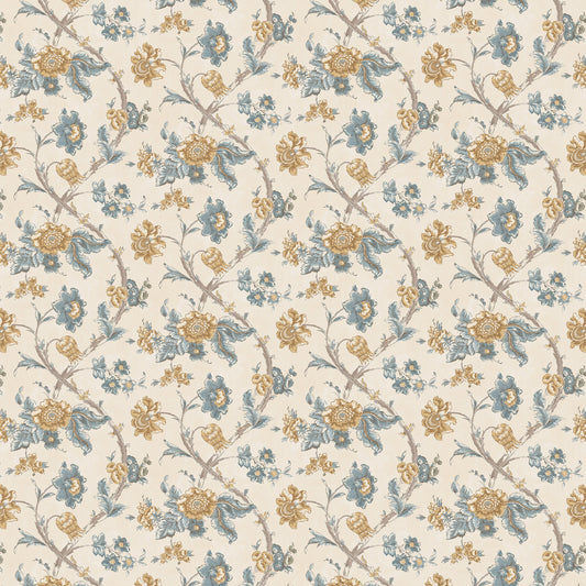 Rosa Antique Yellow/Blue fabric by Penny Morrison