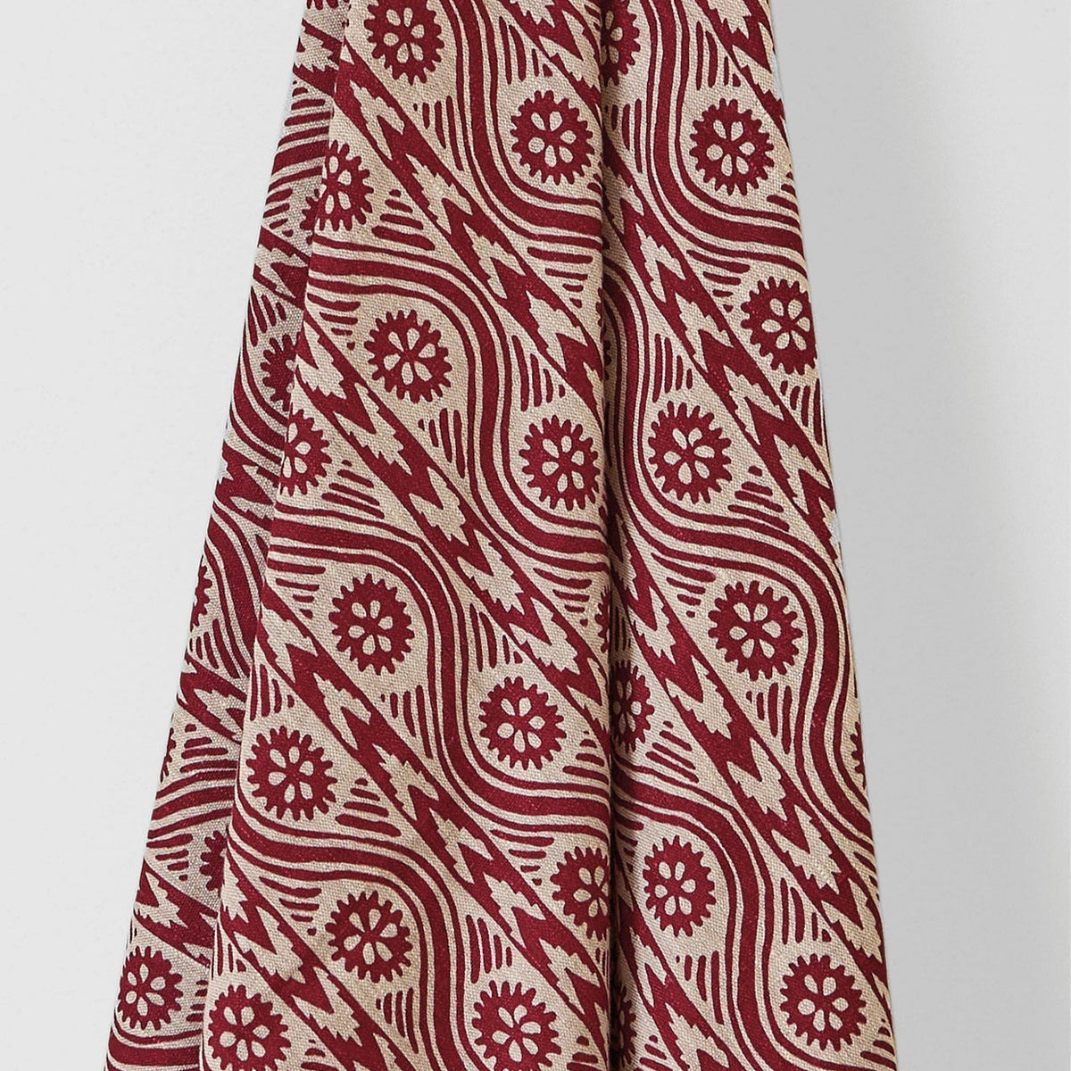 Ruslan Printed Linen Fabric by Volga Linen in Red/Natural, styled view 1