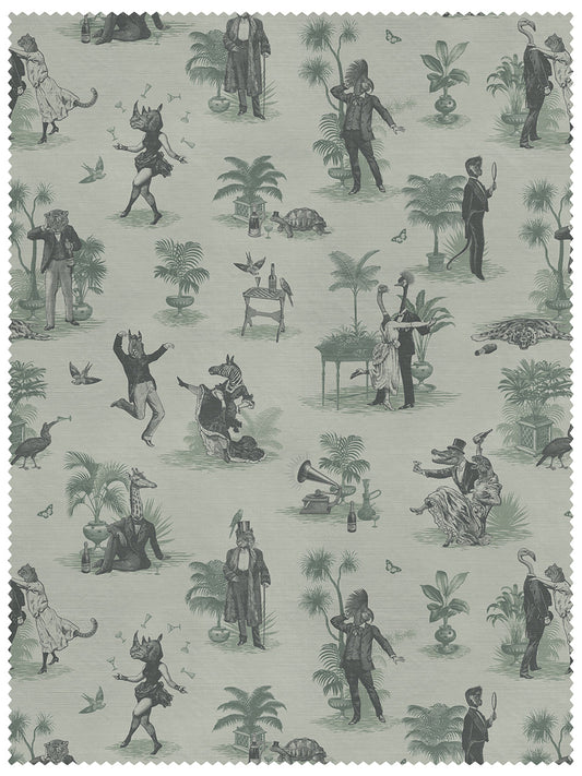Safari Soiree Linen Fabric by Divine Savages in Forest Mist, pattern swatch