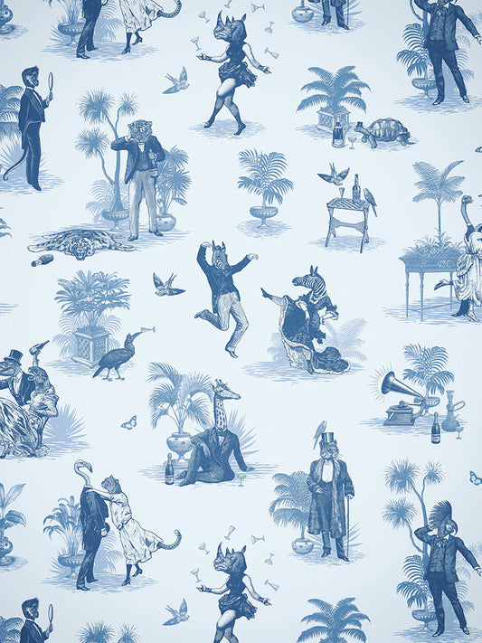 Safari Soiree Wallpaper by Divine Savages in Bleu, pattern swatch