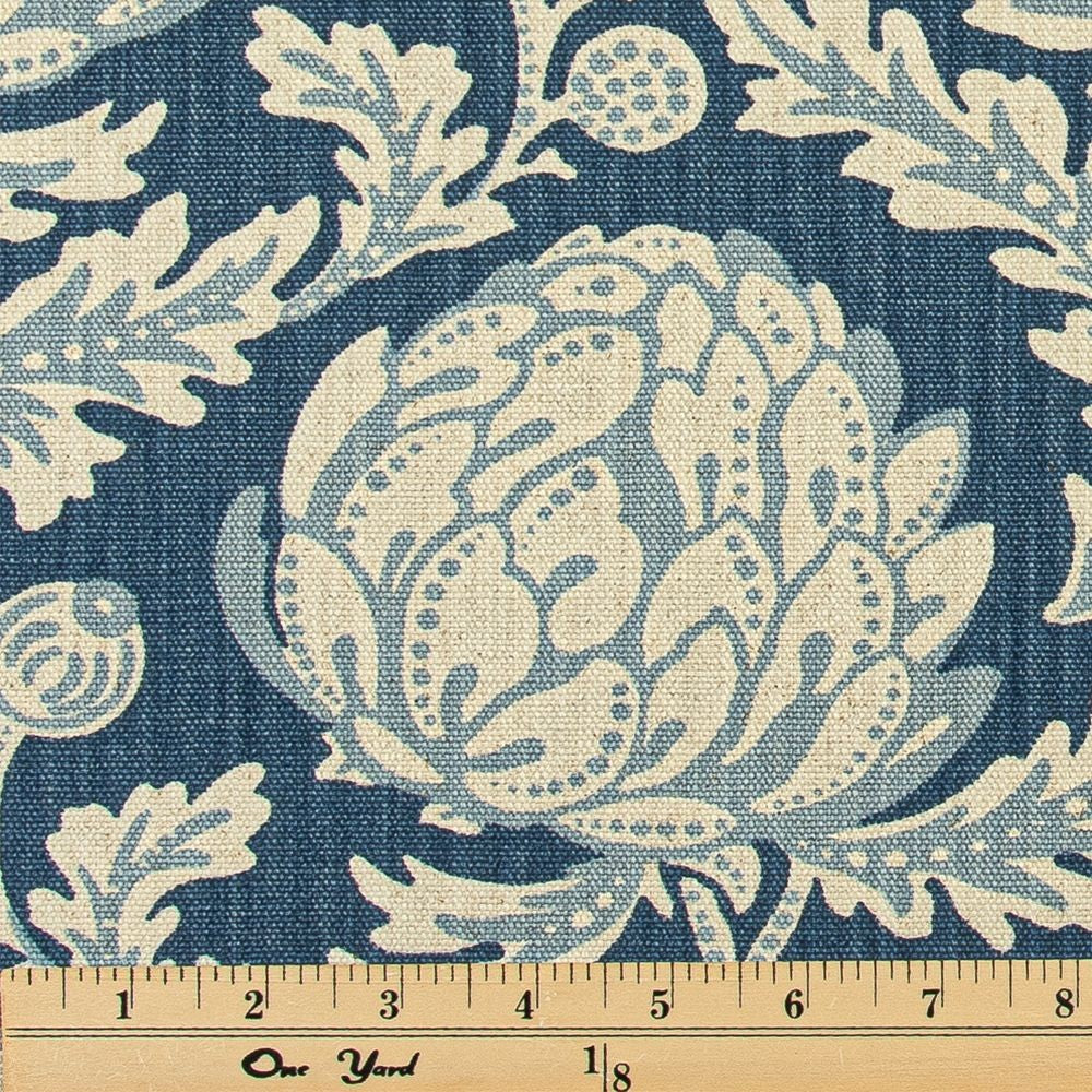 The ReBorn House TRH5942 Performance Fabric in Denim, colorway TRH5942.A, shown with a yardstick for scale