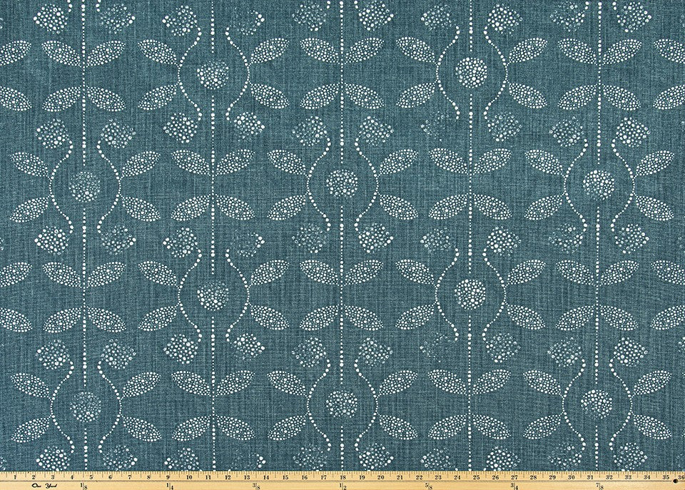 The ReBorn House TRH5970 Performance Fabric in Blue Haze, colorway TRH5970.A, botanical in blue and grey