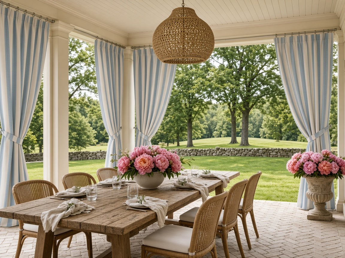 Custom blue and cream striped outdoor curtains on a covered dining porch with peonies