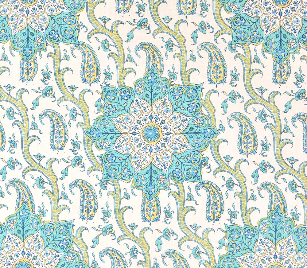 Kashmir Exotique Turquoise on Cream fabric by Home Couture