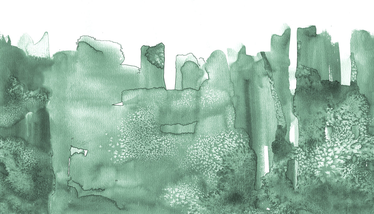 Watercolor City Green mural by Rebel Walls