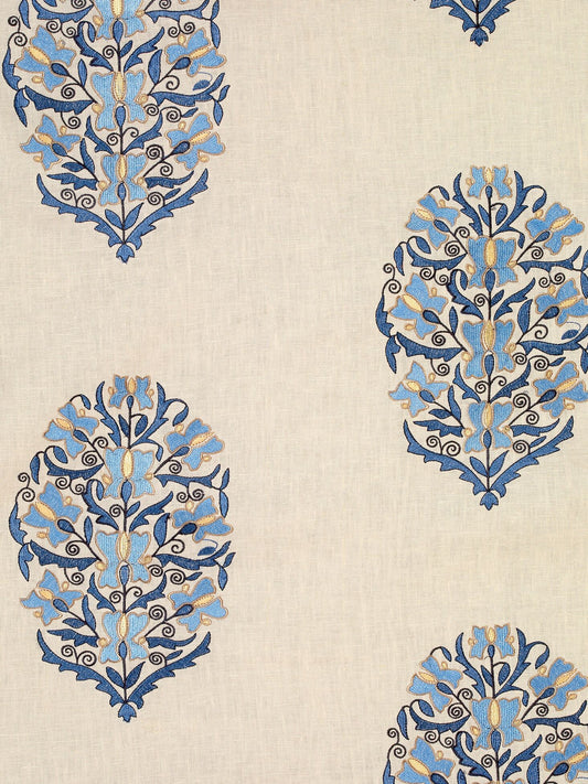 Manisa Embroidered Linen Fabric by Vaughan in Blue