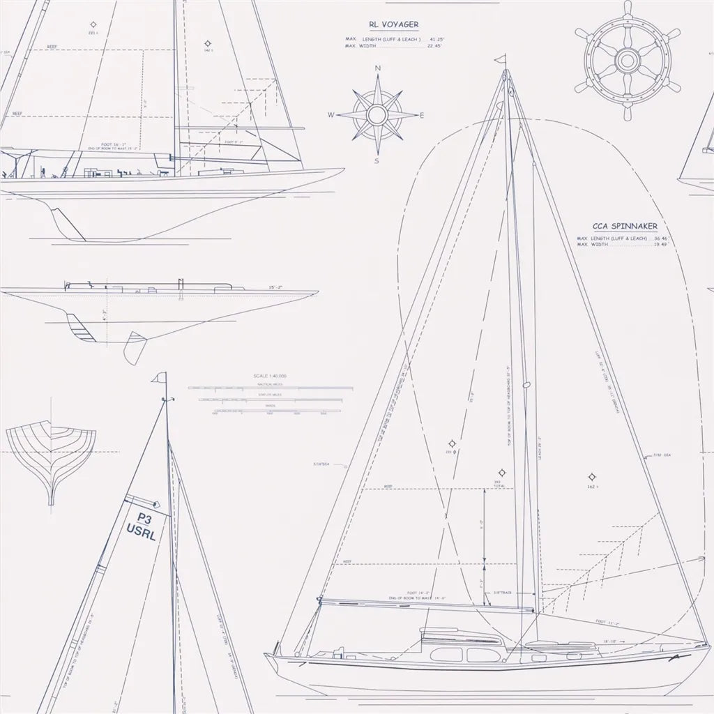Boat Blueprint Wallpaper by Ralph Lauren in Dark Blue on White